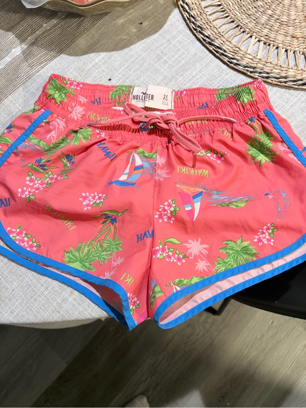Hollister Coral Tropical Print Athletic Shorts with Blue Trim